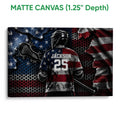 Matte canvas lacrosse wall art featuring a helmeted player and lacrosse stick in a bold patriotic color palette