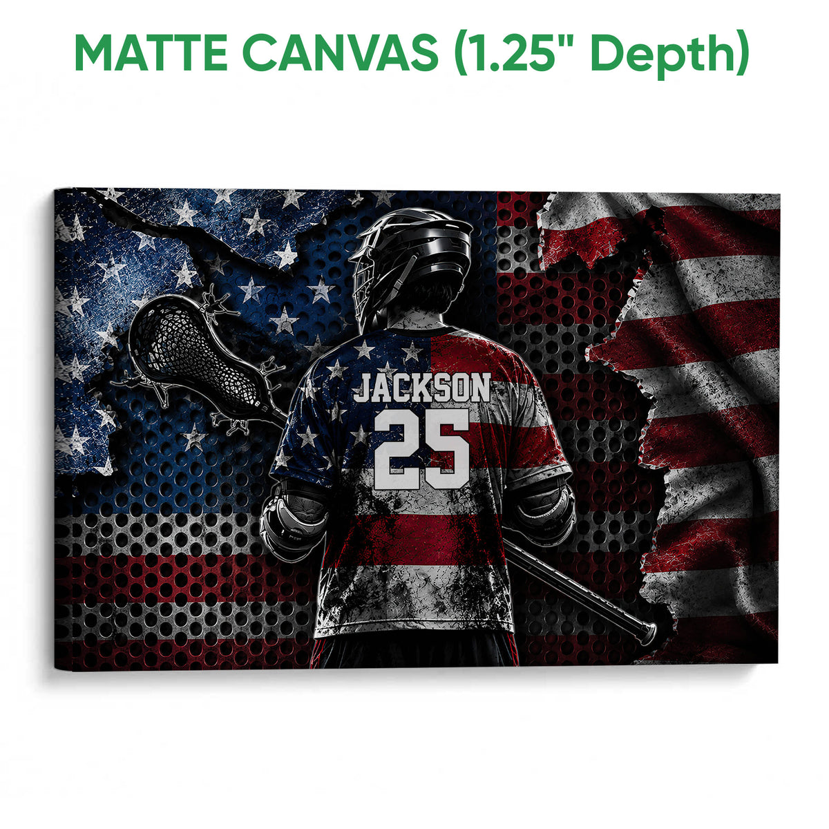 Matte canvas lacrosse wall art featuring a helmeted player and lacrosse stick in a bold patriotic color palette