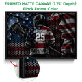 Black framed lacrosse canvas wall art with a helmeted player, stick, and red, white, and blue background