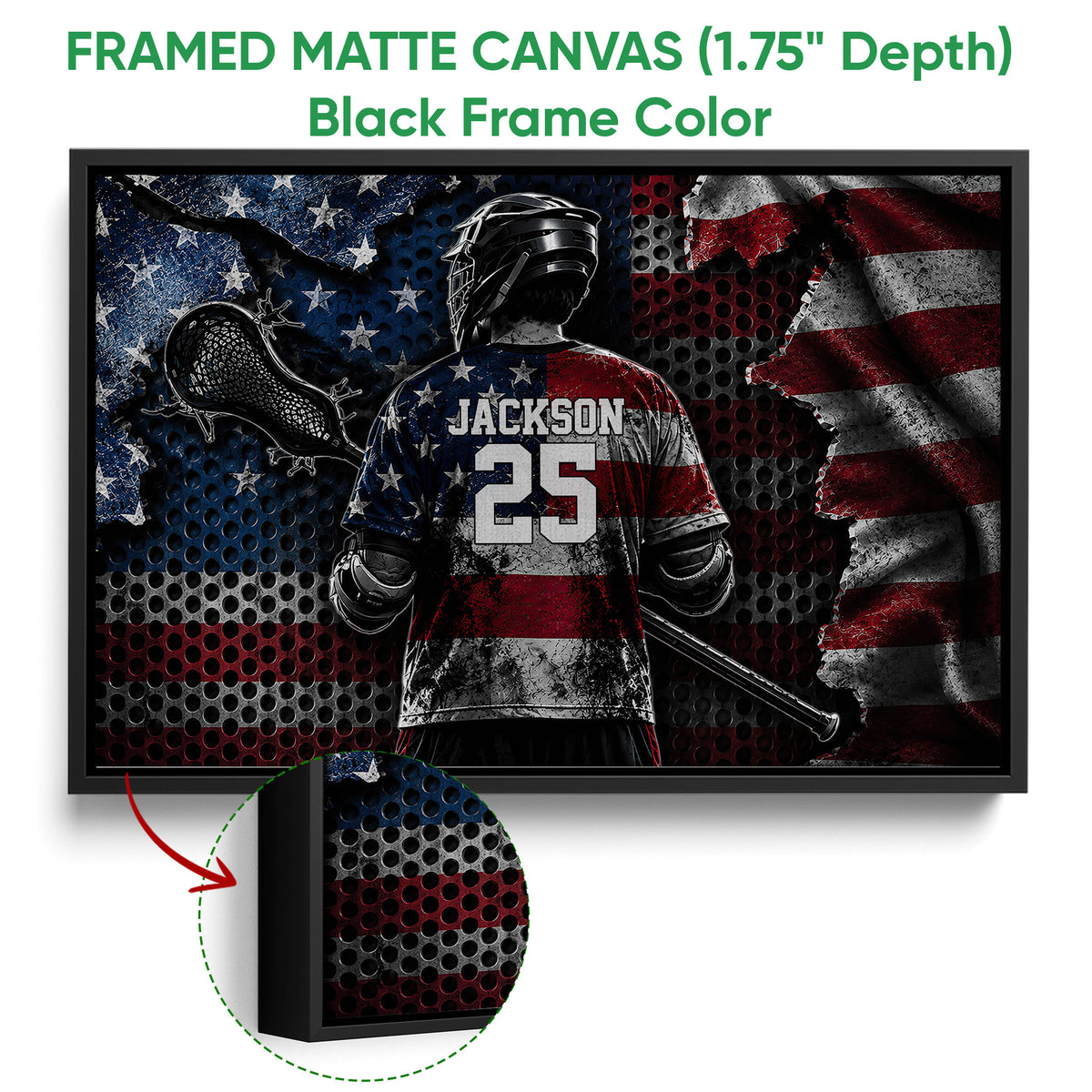 Black framed lacrosse canvas wall art with a helmeted player, stick, and red, white, and blue background