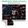 White framed lacrosse canvas wall art featuring a helmeted player, lacrosse stick, and textured flag-inspired design