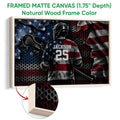 Natural wood framed lacrosse wall art showing a helmeted player and stick against a red, white, and blue background