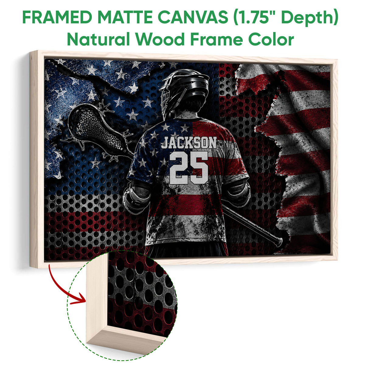 Natural wood framed lacrosse wall art showing a helmeted player and stick against a red, white, and blue background