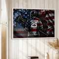 Lacrosse wall art displayed in a bright wood-paneled room above a console table