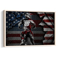 Framed motocross wall art showing a dirt bike rider against a distressed American flag design