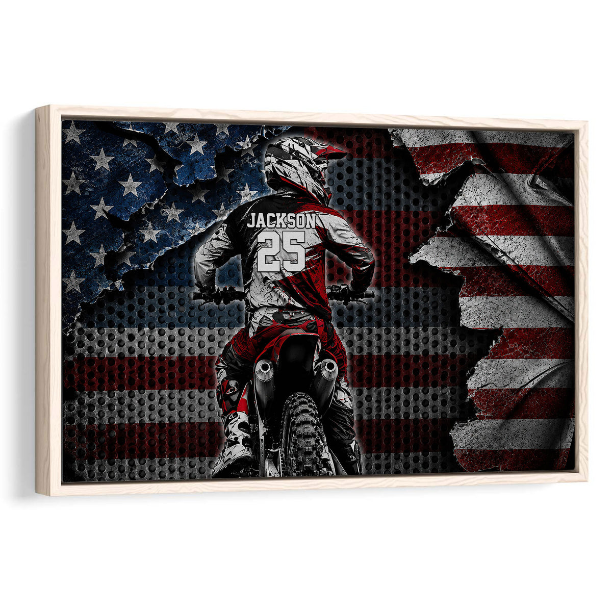 Framed motocross wall art showing a dirt bike rider against a distressed American flag design