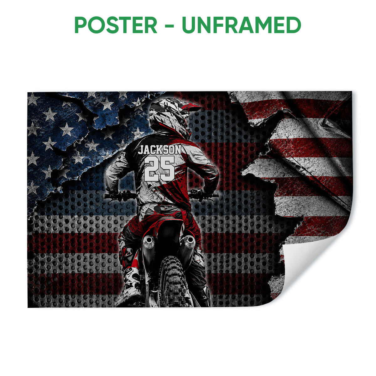 Unframed motocross poster featuring a dirt bike rider and distressed red, white, and blue background