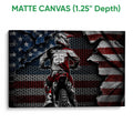 Matte canvas motocross wall art showing a rear-view dirt bike rider in a bold patriotic design