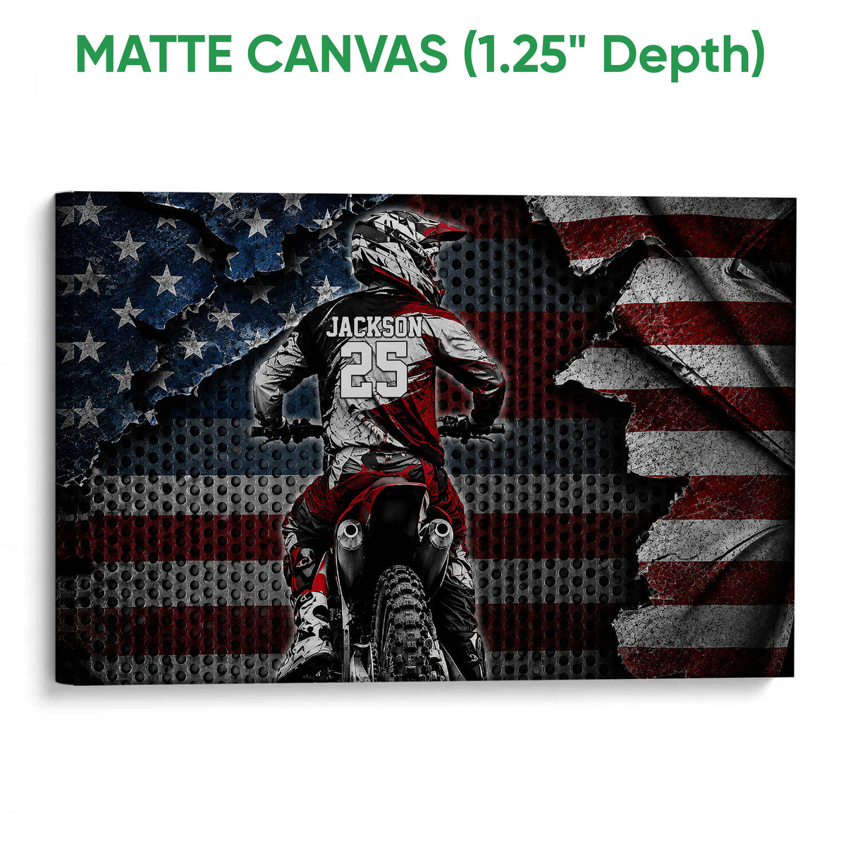 Matte canvas motocross wall art showing a rear-view dirt bike rider in a bold patriotic design