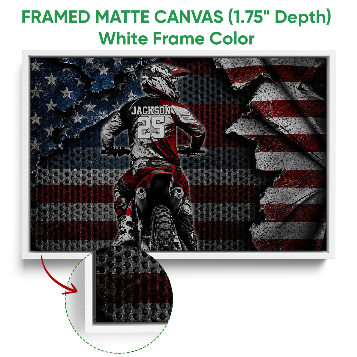 Framed canvas motocross wall art shown with a white frame and close-up edge detail