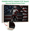 Framed canvas motocross wall art shown with a natural wood frame and close-up edge detail