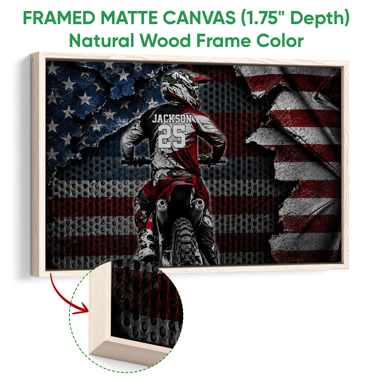 Framed canvas motocross wall art shown with a natural wood frame and close-up edge detail