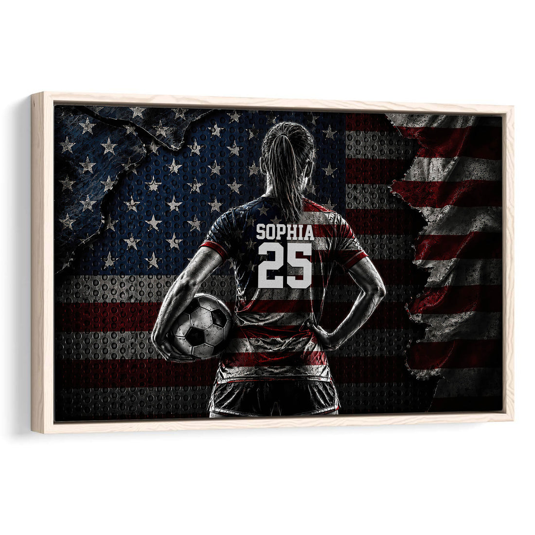 Framed soccer wall art featuring a player with a ball against a dramatic red, white, and blue backdrop