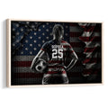 Framed soccer wall art featuring a player with a ball against a dramatic red, white, and blue backdrop