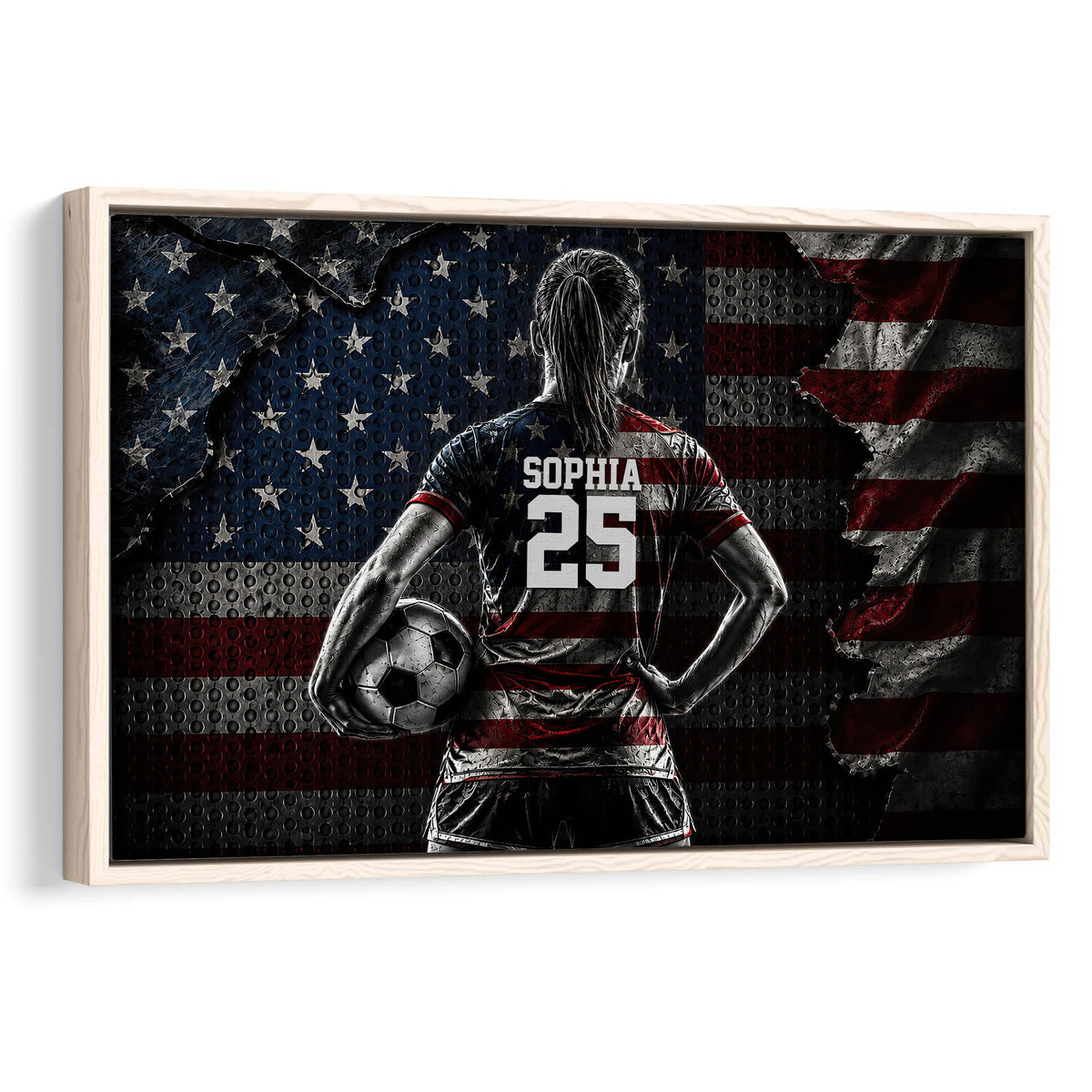 Framed soccer wall art featuring a player with a ball against a dramatic red, white, and blue backdrop