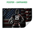 Unframed soccer poster featuring a player with a ball and a bold red, white, and blue background