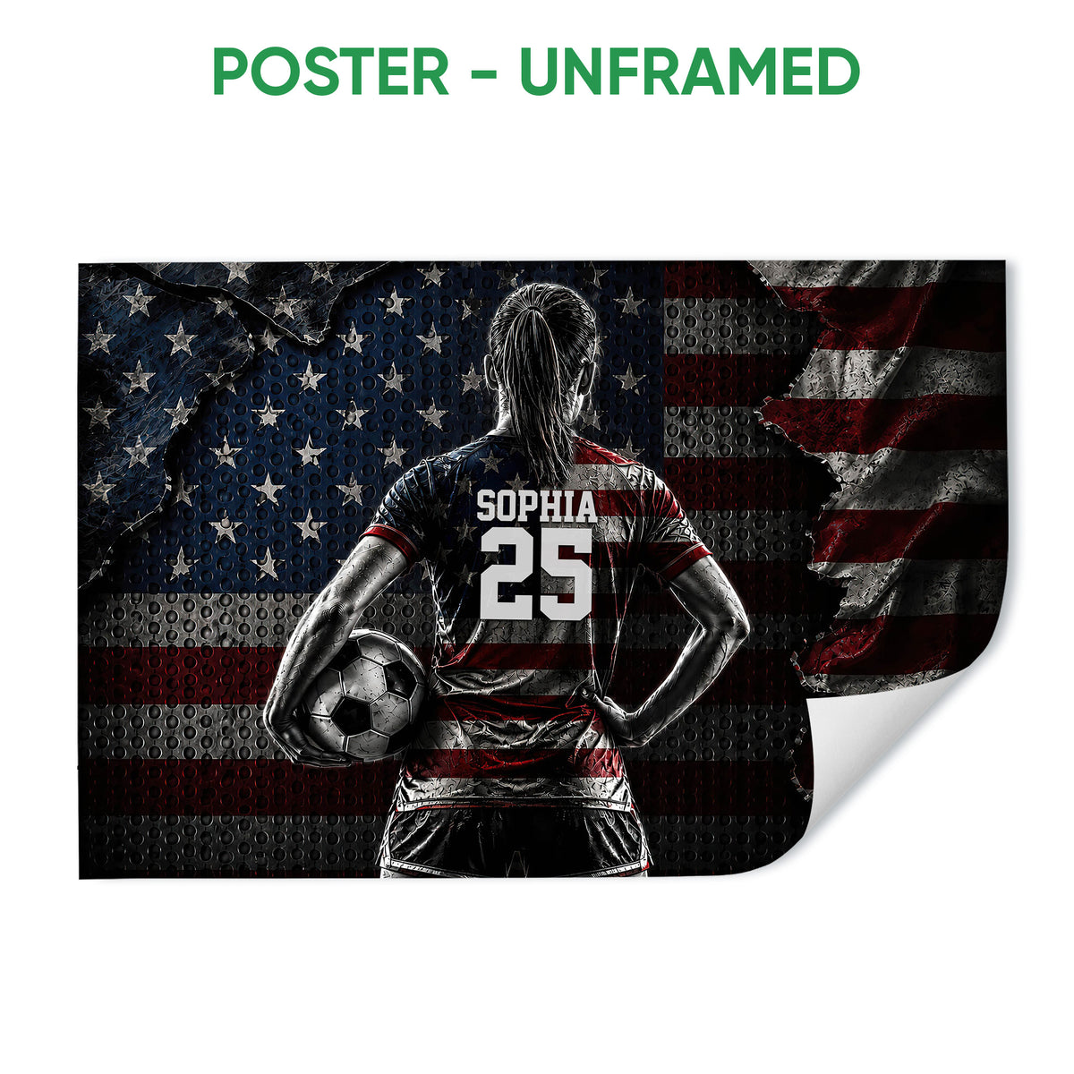 Unframed soccer poster featuring a player with a ball and a bold red, white, and blue background