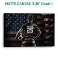 Matte canvas soccer wall art featuring a player with a ball in a dramatic textured design