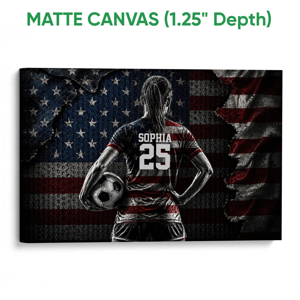 Matte canvas soccer wall art featuring a player with a ball in a dramatic textured design