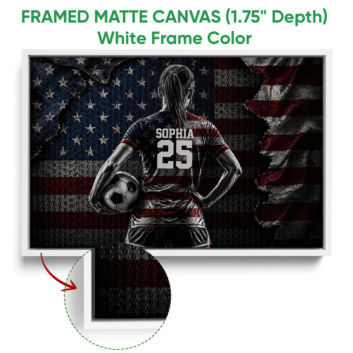 White framed canvas soccer wall art featuring a player with a ball and a patriotic-inspired backdrop