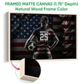 Natural wood framed soccer wall art with a player holding a ball in a bold textured scene