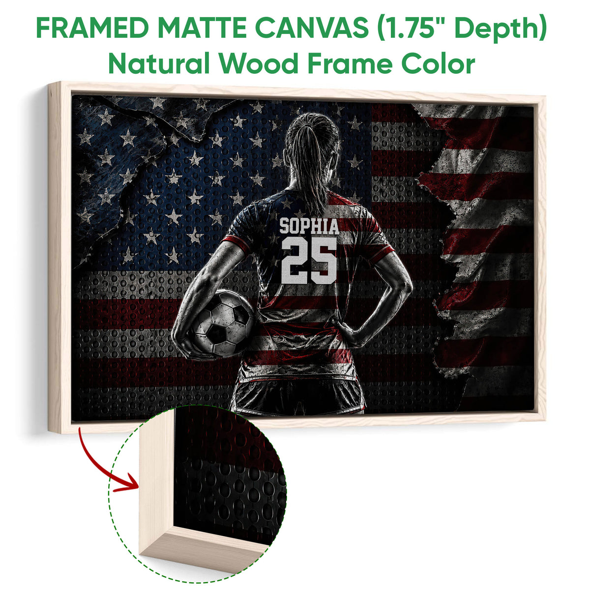 Natural wood framed soccer wall art with a player holding a ball in a bold textured scene