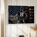 Framed soccer wall art displayed in a bright room with white wood paneling