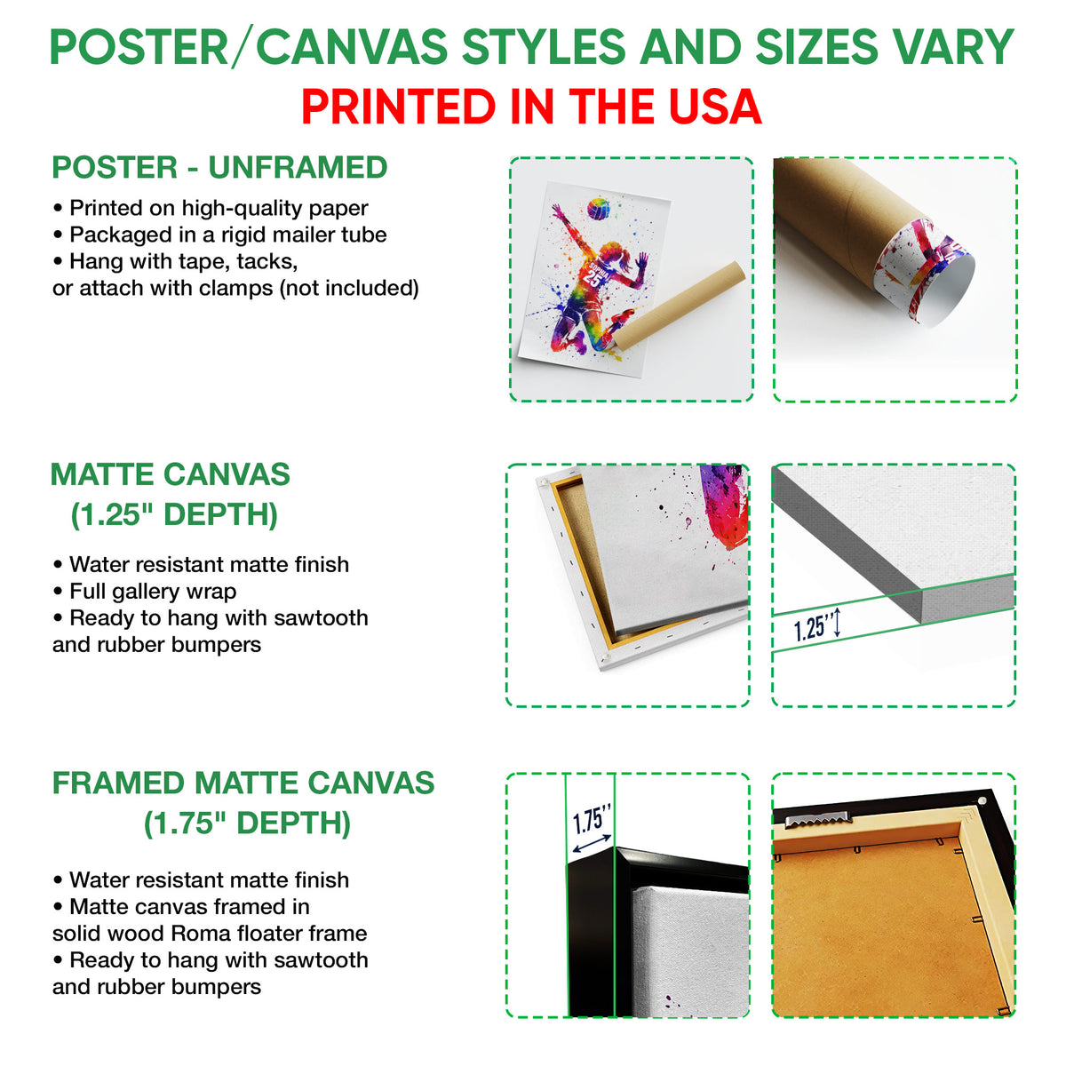 Volleyball wall art format guide showing unframed poster, matte canvas, and framed canvas options