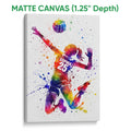 Matte canvas volleyball wall art featuring a colorful athlete reaching toward a volleyball