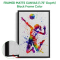 Black framed canvas volleyball wall art with a vibrant jumping player and close-up canvas detail