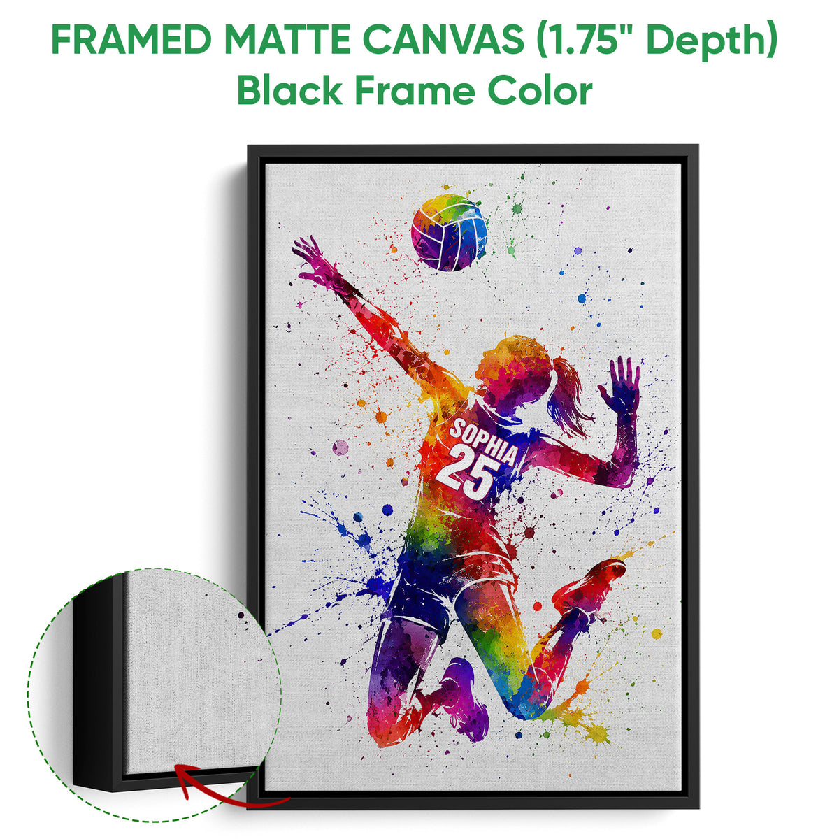 Black framed canvas volleyball wall art with a vibrant jumping player and close-up canvas detail
