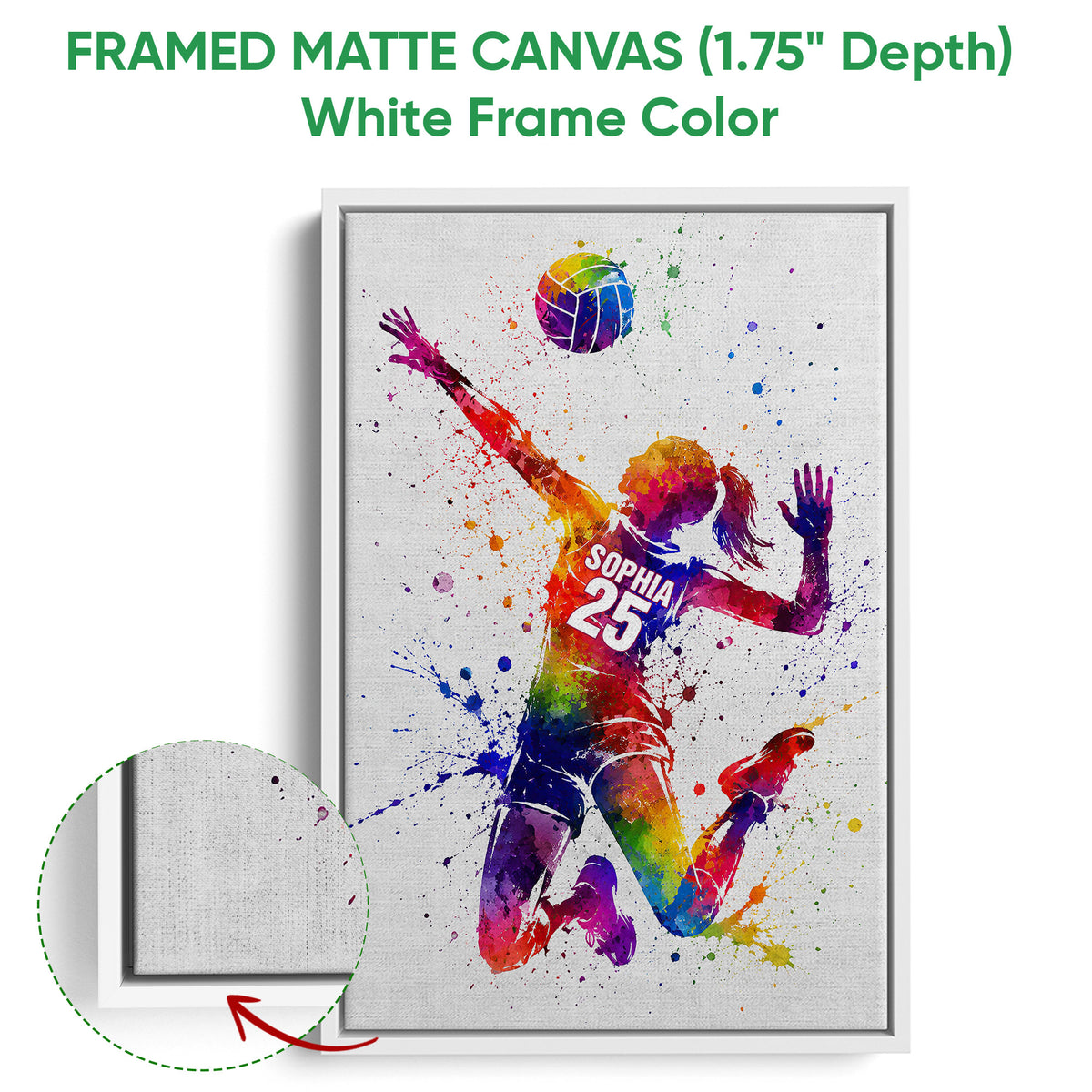 White framed canvas volleyball wall art showing a colorful player design and canvas texture detail