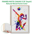 Natural wood framed volleyball wall art featuring a colorful player and close-up frame detail