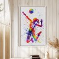 Colorful volleyball player wall art displayed in a bright room with white wood paneling