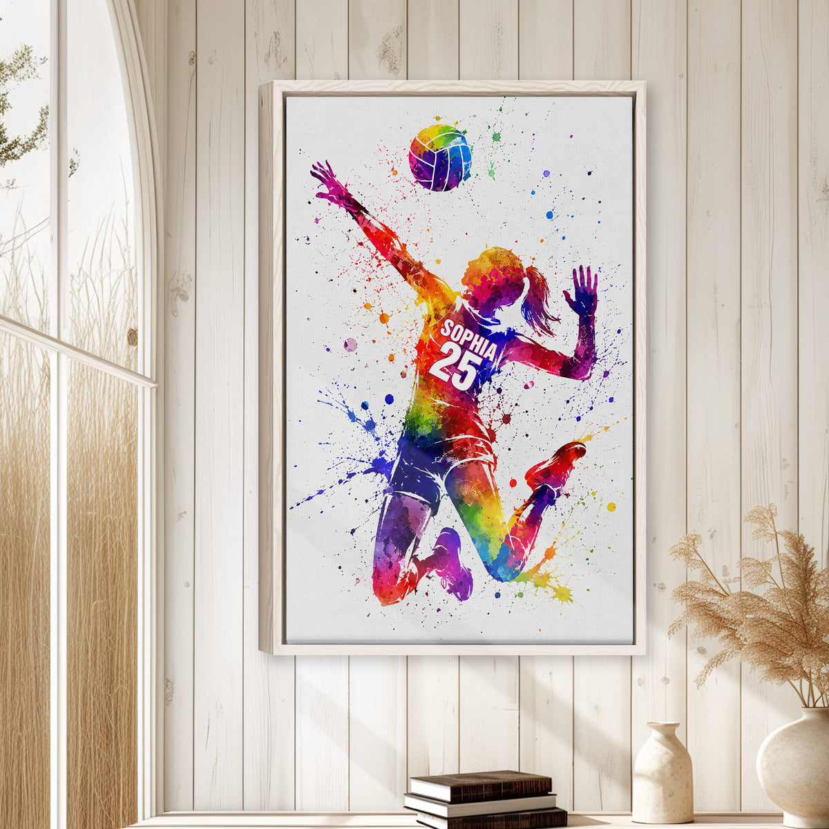 Colorful volleyball player wall art displayed in a bright room with white wood paneling