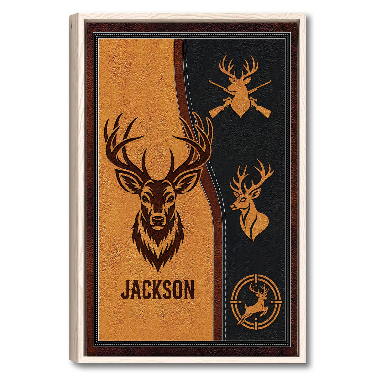 Framed hunting wall art featuring deer and antler emblems in a rustic black and amber design