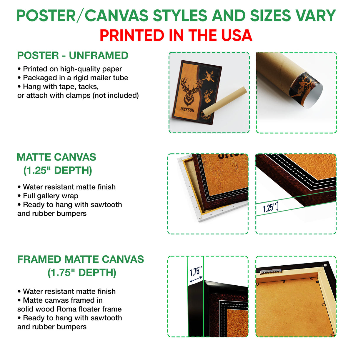 Poster and canvas wall art options guide showing unframed poster, matte canvas, and framed canvas formats