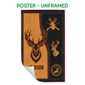 Unframed poster displaying a deer hunting design with antlers, rifles, and black and amber artwork
