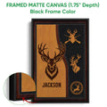 Framed matte canvas hunting wall art shown with a black frame and detailed deer artwork