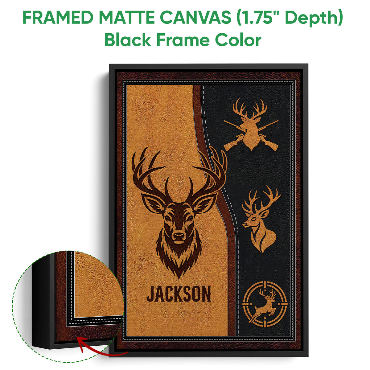 Framed matte canvas hunting wall art shown with a black frame and detailed deer artwork