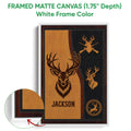 Framed matte canvas hunting wall art shown with a white frame and detailed deer artwork