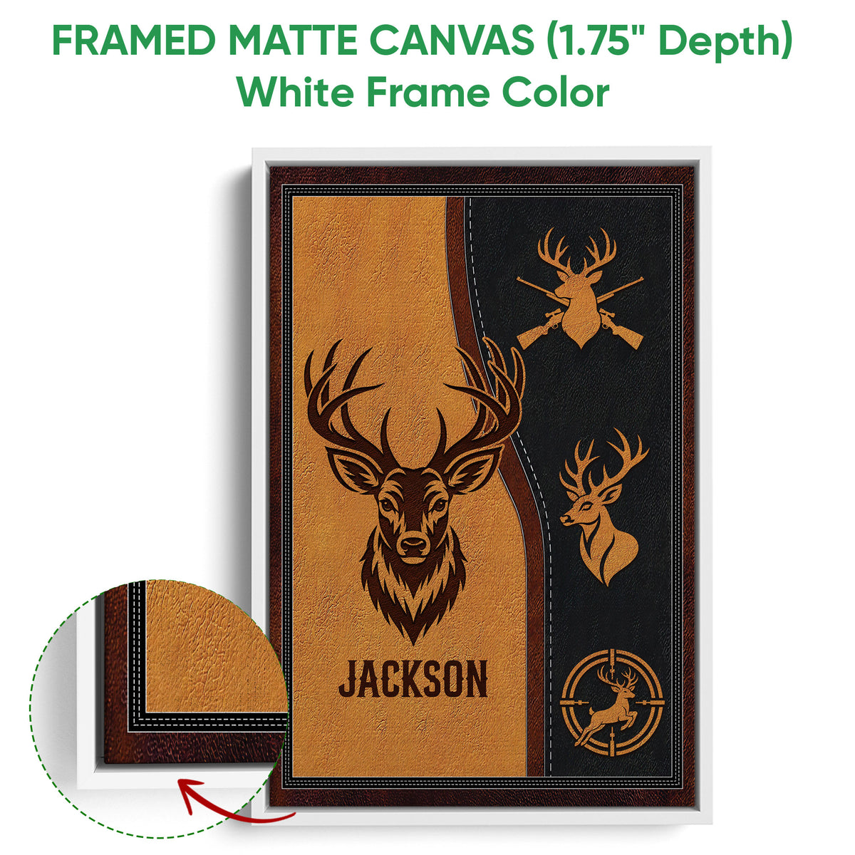 Framed matte canvas hunting wall art shown with a white frame and detailed deer artwork
