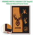 Framed matte canvas deer hunting wall art shown with a natural wood frame