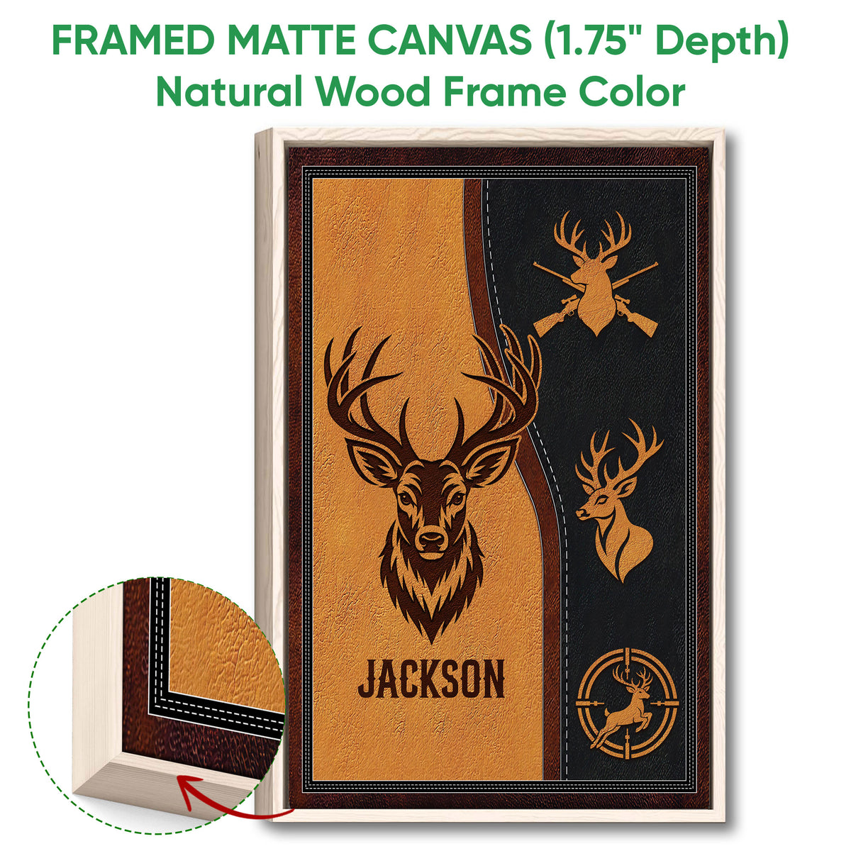 Framed matte canvas deer hunting wall art shown with a natural wood frame