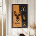 Deer hunting wall art displayed in a bright rustic room with wood panel walls