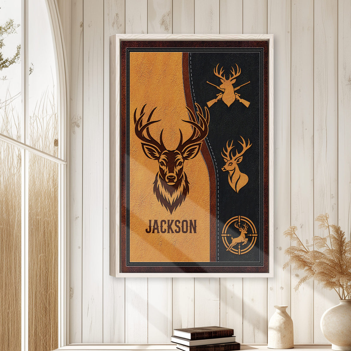 Deer hunting wall art displayed in a bright rustic room with wood panel walls