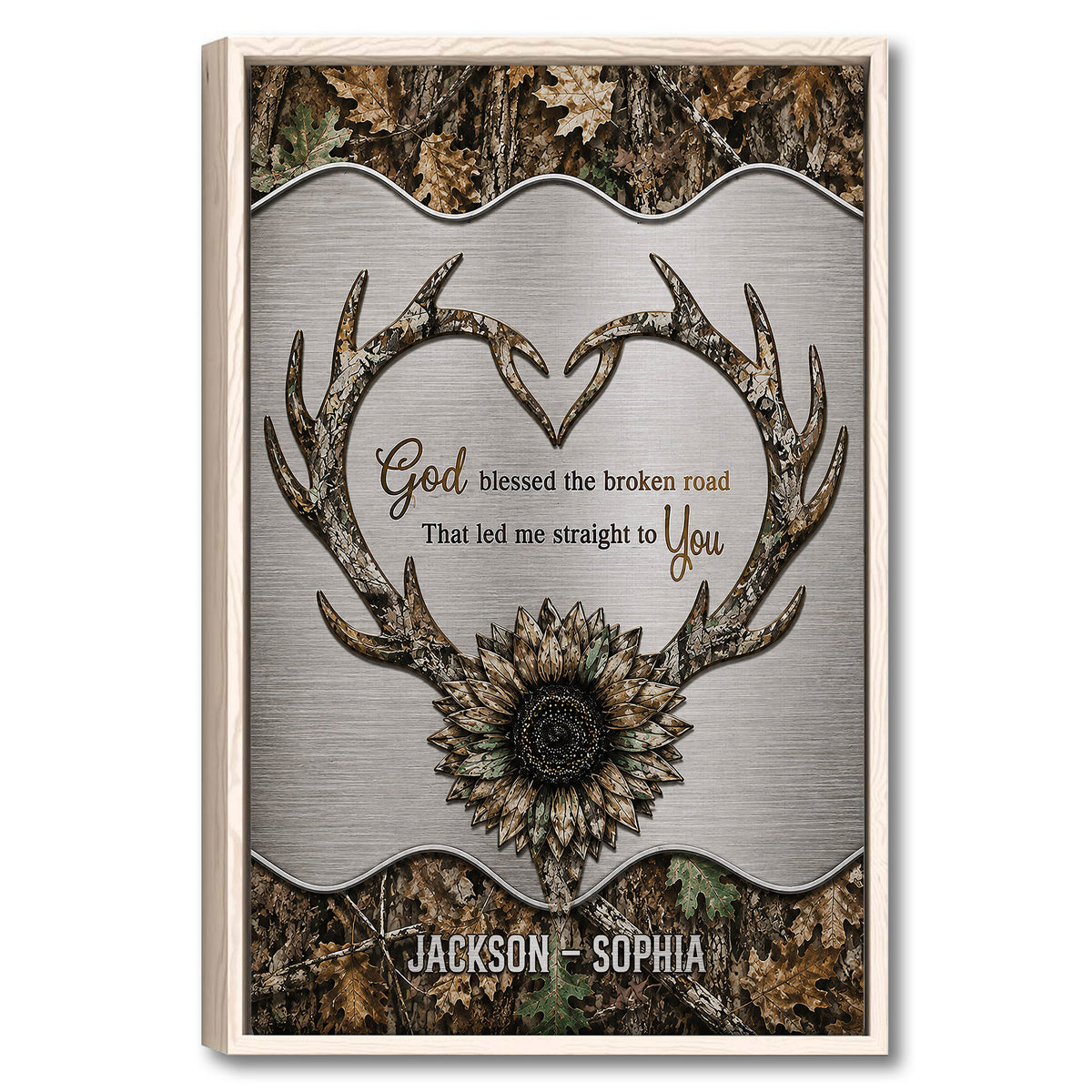 Framed hunting wall art with camouflage antlers, sunflower design and faith-inspired romantic artwork