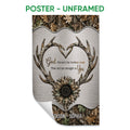 Unframed hunting poster featuring camouflage antlers, sunflower artwork and a rustic outdoor theme