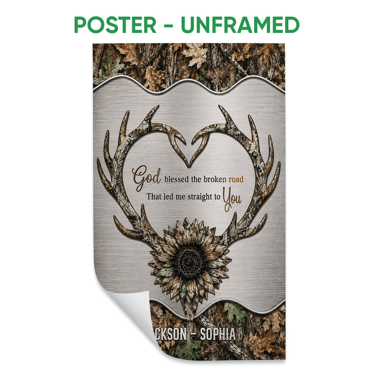 Unframed hunting poster featuring camouflage antlers, sunflower artwork and a rustic outdoor theme