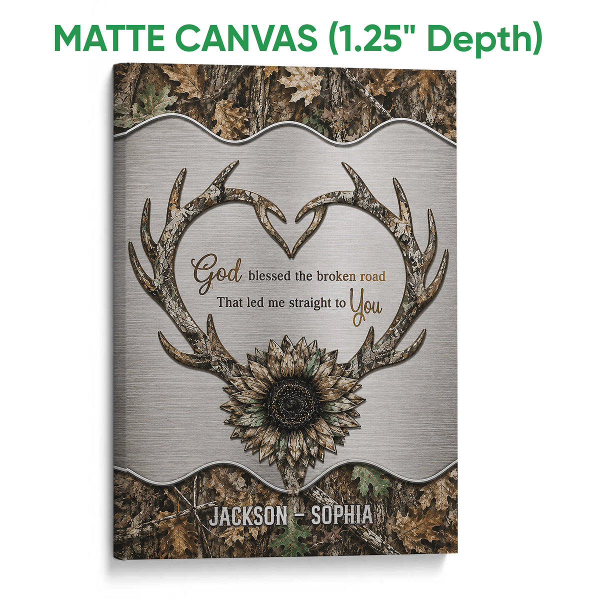 Matte canvas hunting wall art featuring camouflage antlers, sunflower artwork and rustic outdoor colors